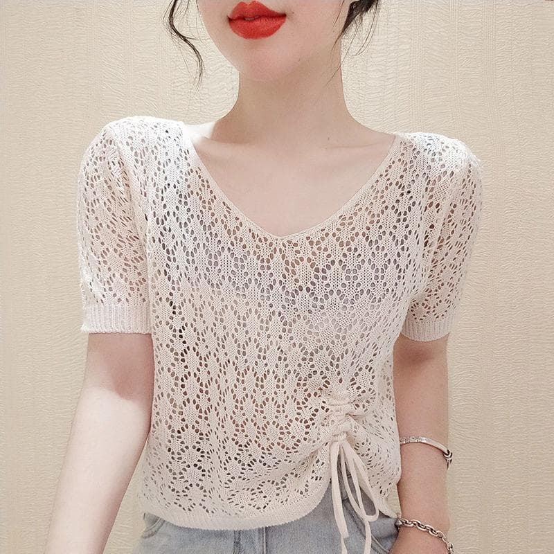 Oco malhas blusa feminina verão de manga curta estilo ocidental mais magro olhar estilo fino cordão cor sólida camisola