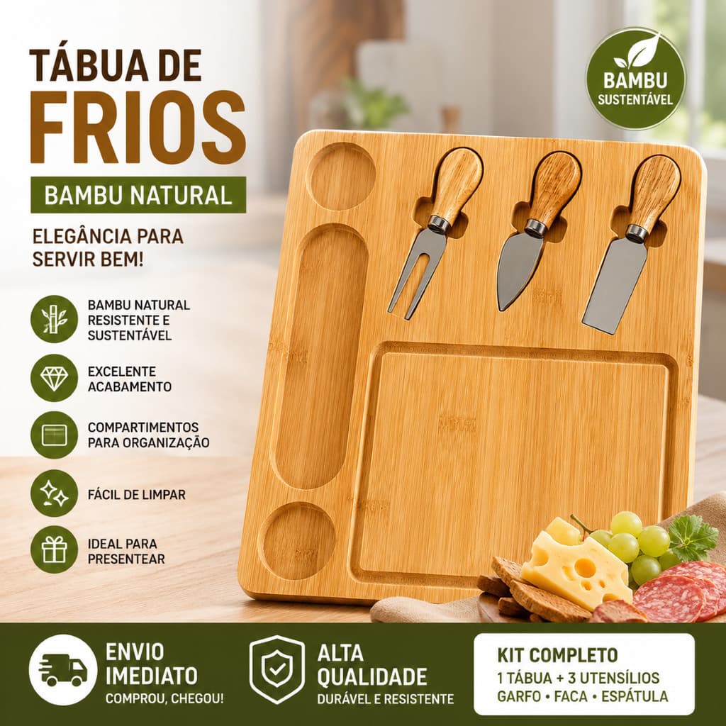 Kit Tábua de Frios Bambu Petisqueira com 3 Utensílios Garfo Faca Espátula para Queijos, Frios, Petiscos e Aperitivos