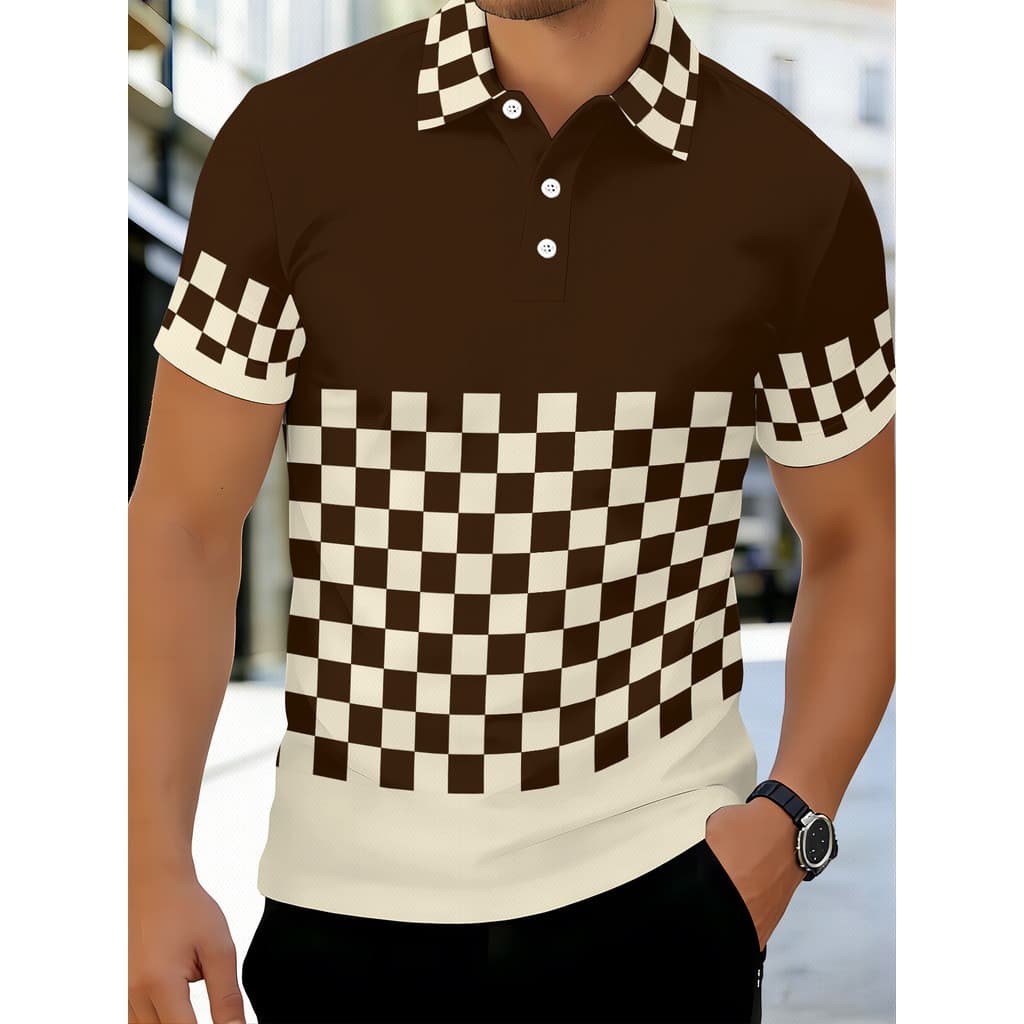 Camisa polo masculina com estampa xadrez em cor contrastante, camisa polo com lapela e botão de primeira escolha