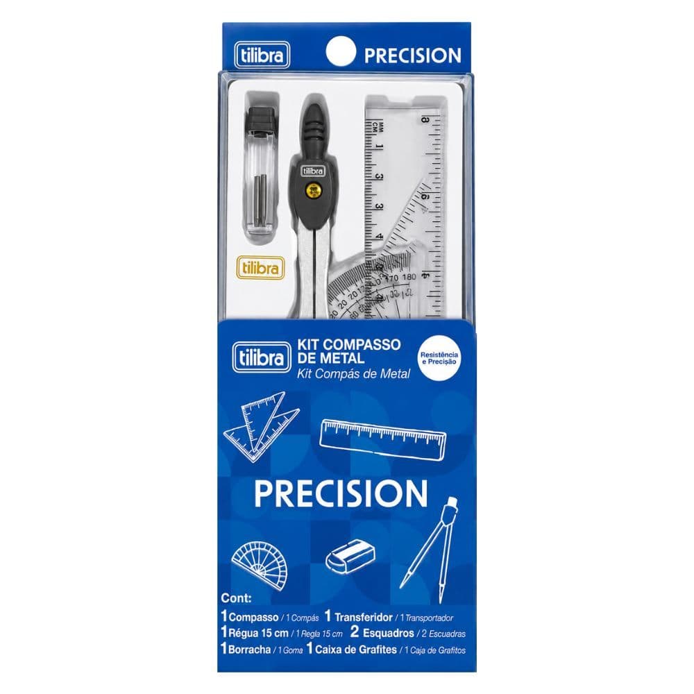 Kit Compasso Escolar De Metal Precision Estojo c/ 07 Peças Resistência e Precisão - Tilibra