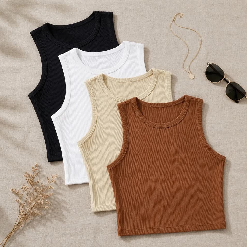 Kit 4 Cropped Feminino Canelado Regata Básico Gola Redonda Casual Tecido Confortável Premium