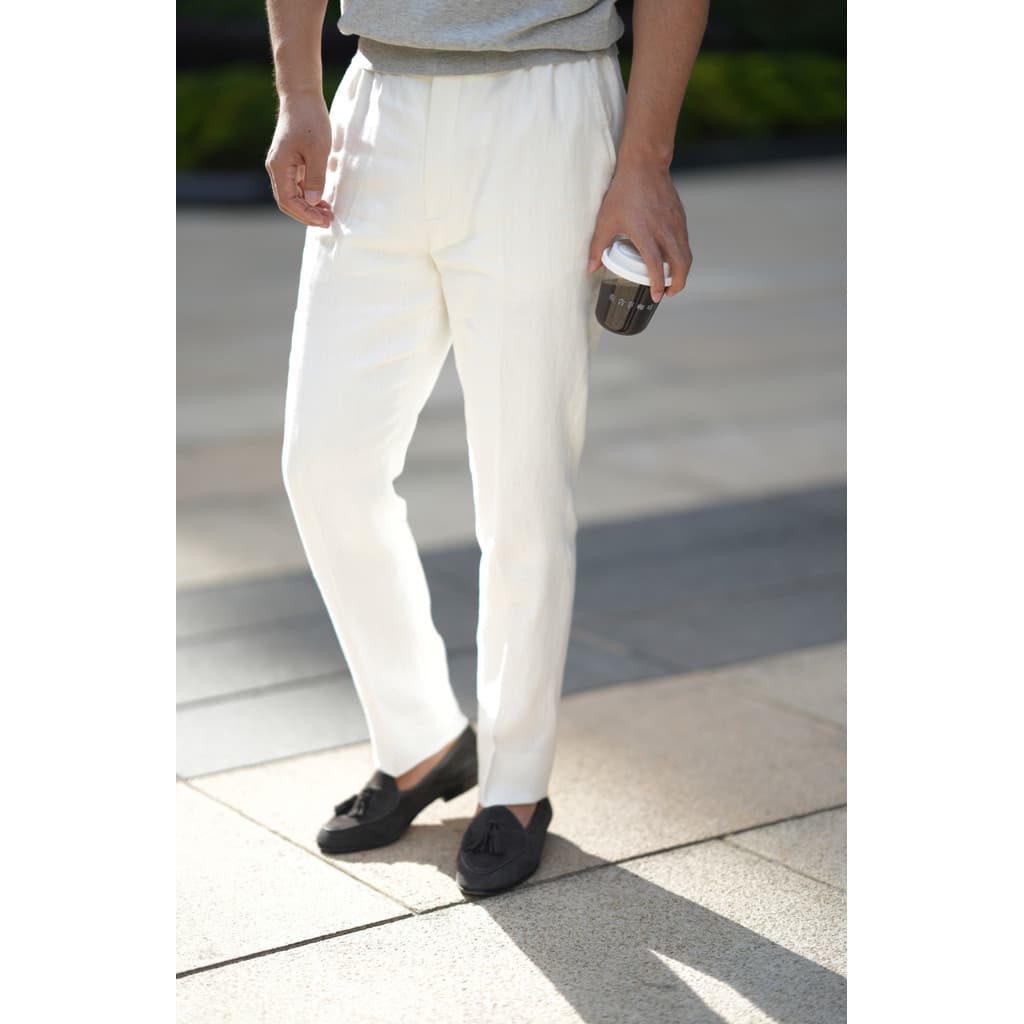Japão importado linho pesado cintura elástica calças casuais homens verão respirável linho casual tornozelo comprimento