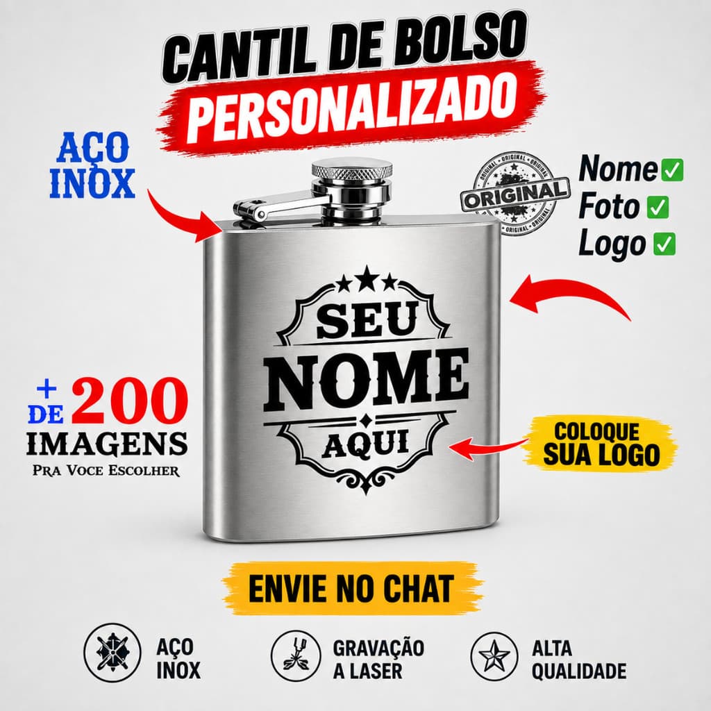 Cantil Personalizado Inox Gravado Nome & Imagem Aço Presente Namorados Aniversário