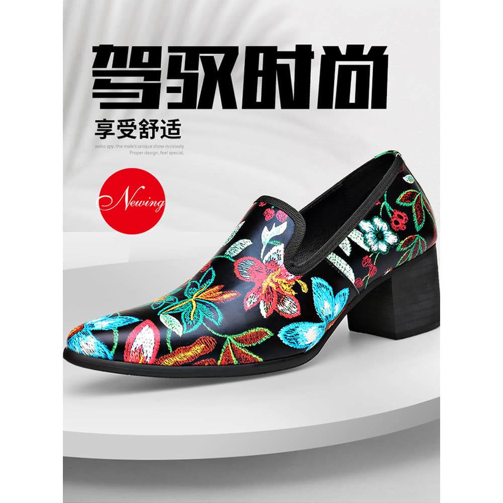Sapatos de couro de salto alto bico fino masculino estilo chinês cor combinando bordado sapatos de desempenho Casual mod