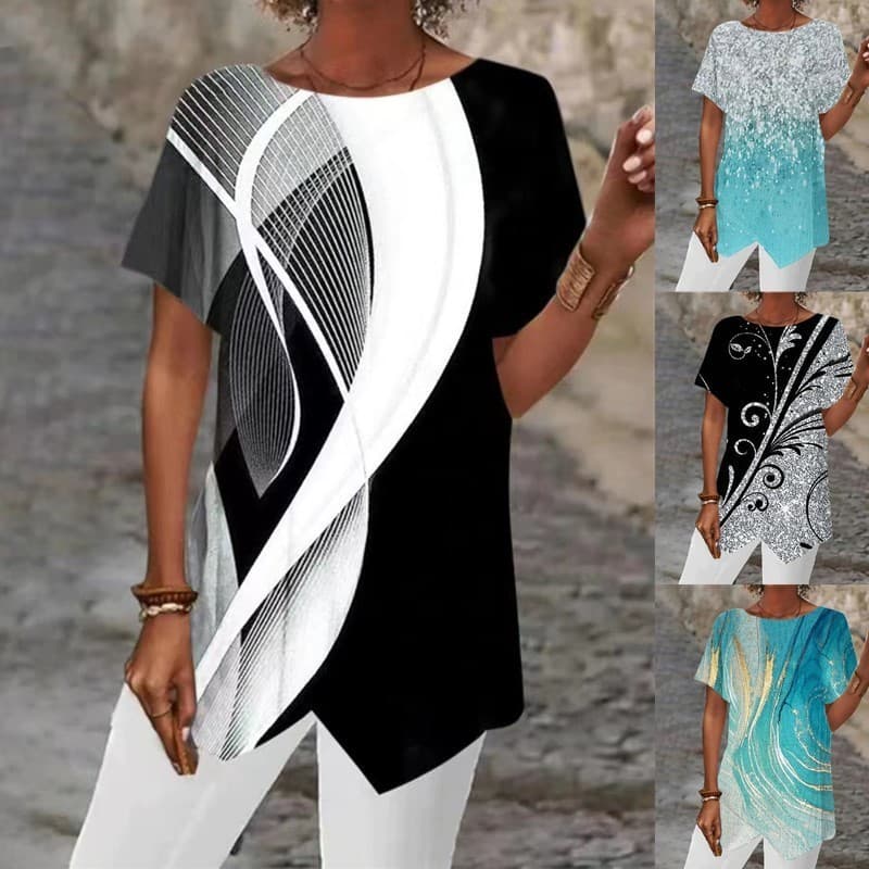 Verão novo estilo europeu impressão geométrica solta manga curta bainha Irregular camiseta