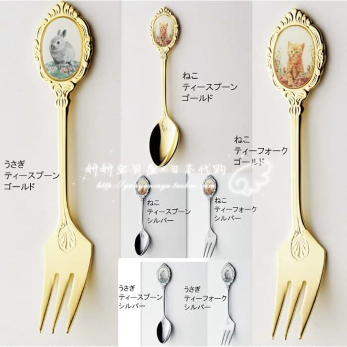 Estoque pronto Japão importado ins estilo nórdico aço inoxidável coelho dourado gato talheres garfo de café colher de ar