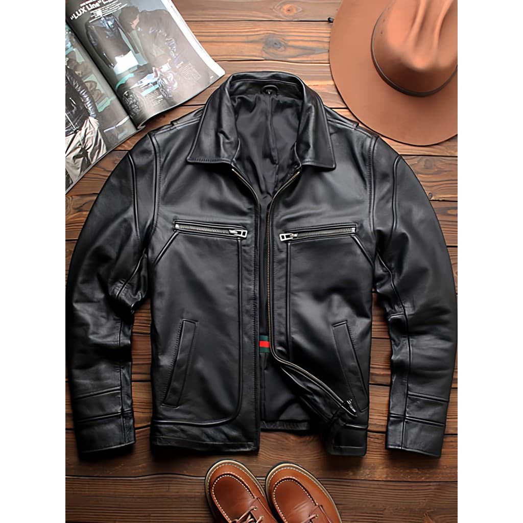 Duan Yihong Mesmo Estilo Primavera Outono Estilo Único Lapela Slim-fit Couro Genuíno Masculino Primeira Camada Tingido T