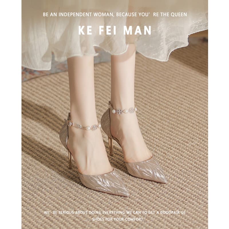 [Kefiman] Sandálias femininas de salto alto com fivela plana verão estilo francês salto agulha pontiagudo simples salto