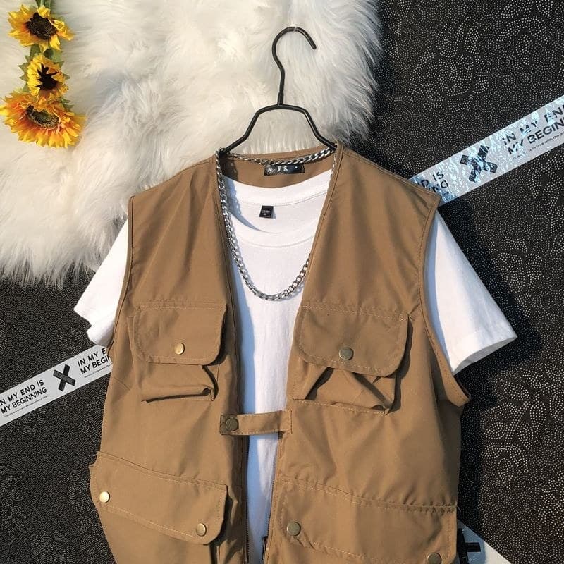 Colete geral masculino fino sem mangas colete masculino na moda All-Match americano Retro Multi-bolso colete