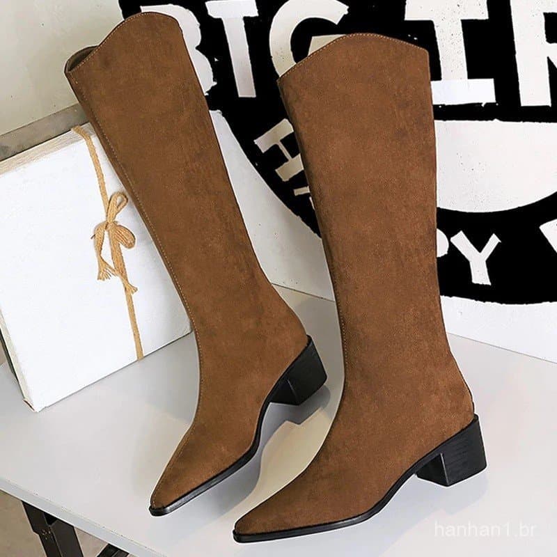 BIGTREE Botas Femininas de Cano Alto em Camurça, Botas de Cavaleiro Femininas, Sapatos com Zíper Traseiro, Botas Altas d