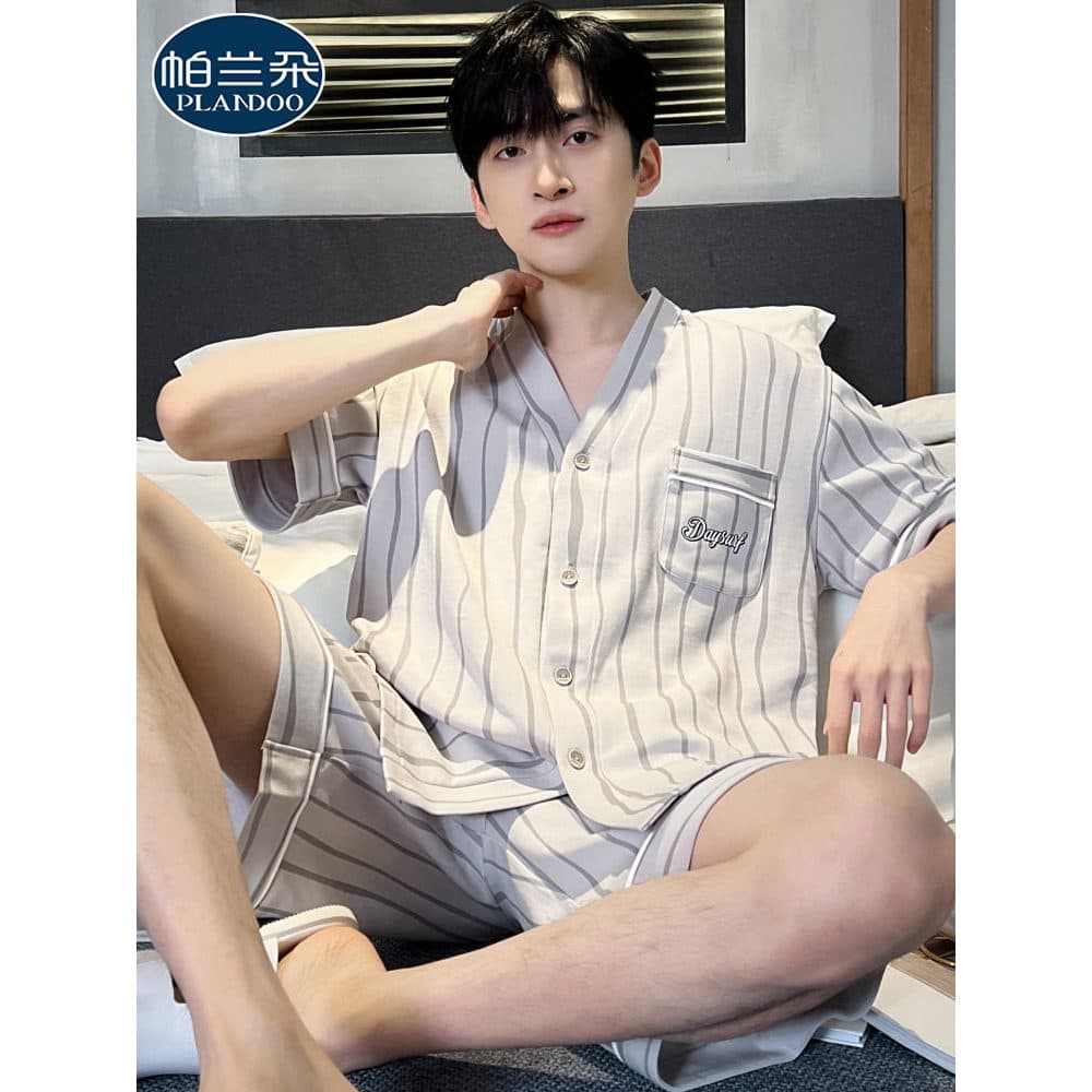 Pijamas de algodão puro masculino verão Shorts de manga curta moda Casual listrado Cardigan estilo fino masculino 2026 n