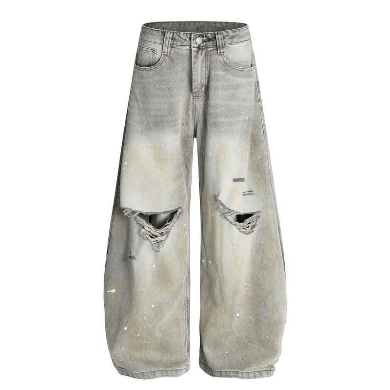 FX080 American High Street Retro High-End Street Ink Rasgado Design Solto Jeans Masculino