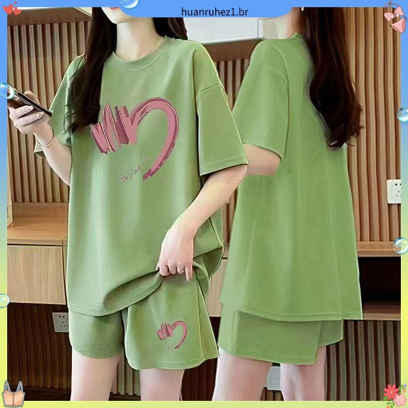 Tamanho grande pijamas de verão casa exterior Wear feminino terno de manga curta solto novo estilo Casual esportes respi