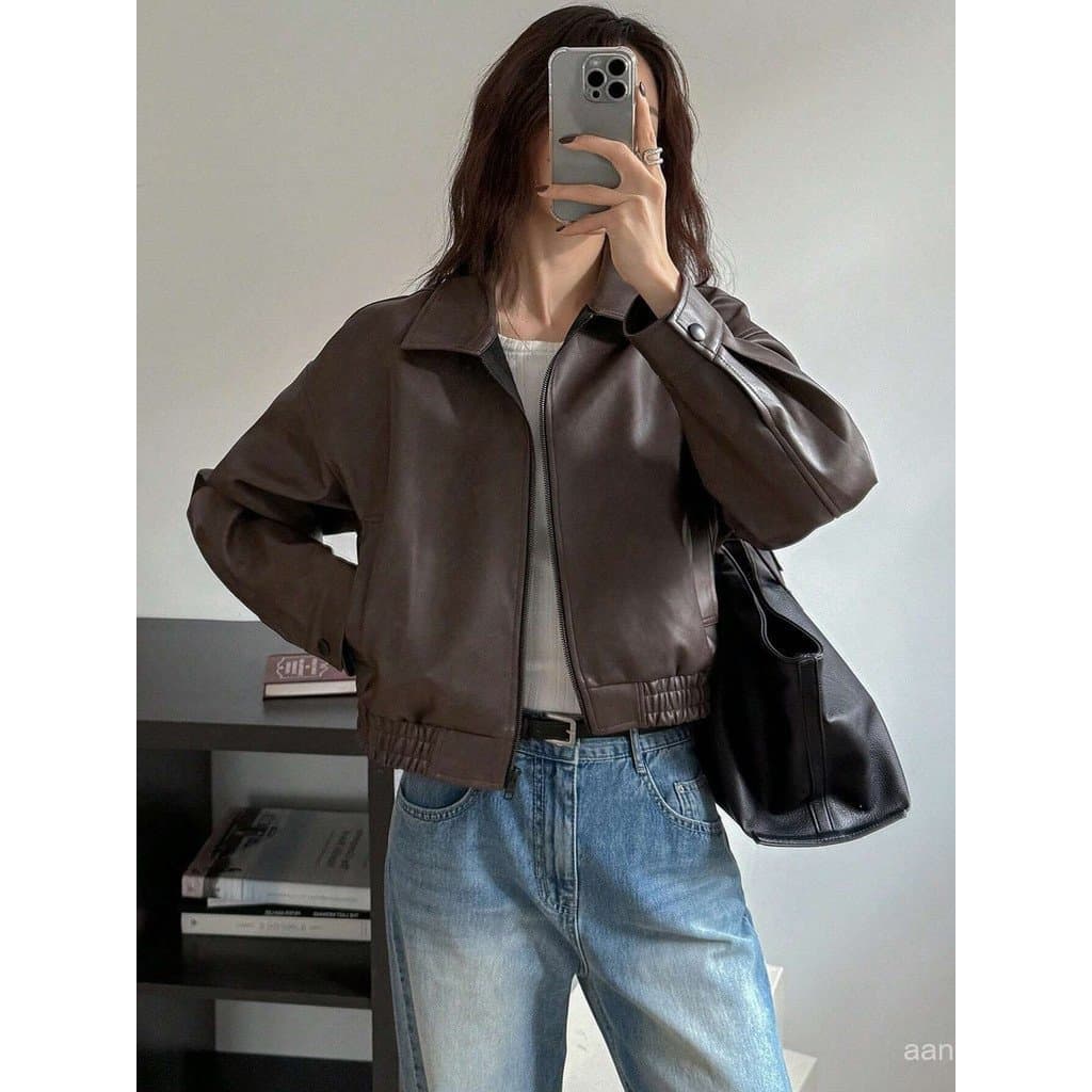 Jaqueta de couro feminina roupas de motocicleta couro PU jaqueta retrô jaqueta de couro de manga comprida