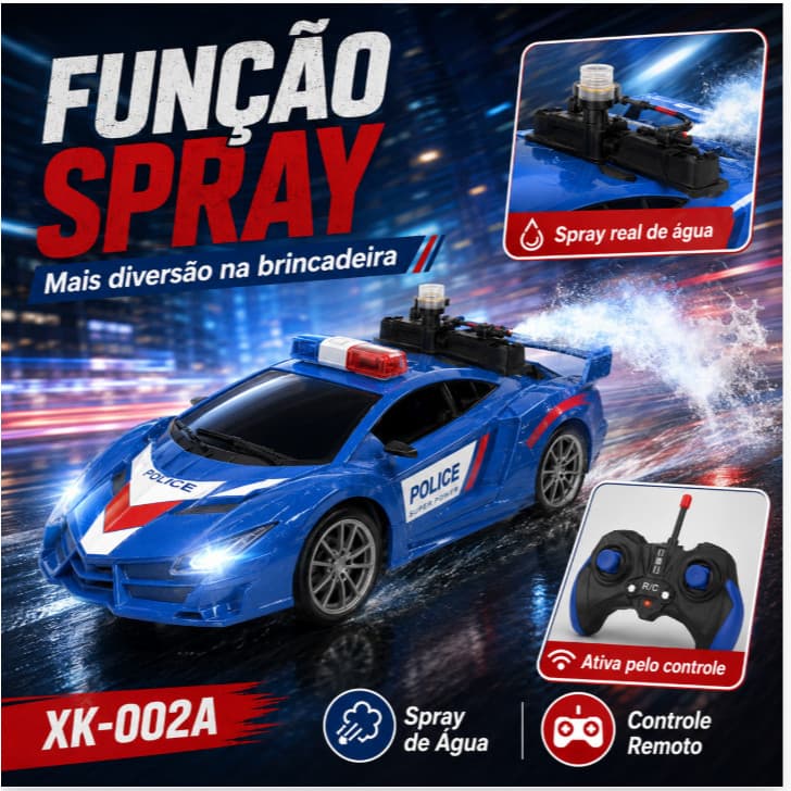 Carro RC Controle Remoto Polícia 1:20 com Spray de Água Recarregável USB Brinquedo Infantil Esportivo