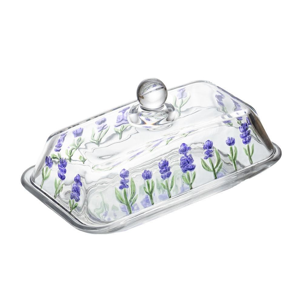 Manteigueira Lavanda Hand Painting 18cm x 10.5cm x 9cm Cristal Lyor para Cozinha Mesa Posta Decoração Sala Jantar Chique