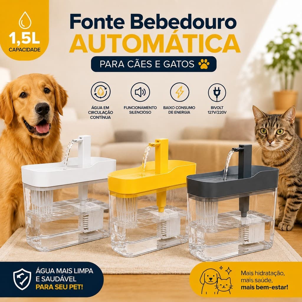 FONTE BEBEDOURO AUTOMÁTICA PARA GATOS E CACHORROS 1,5L BIVOLT