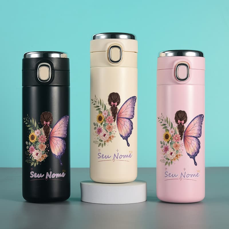 Garrafa térmica personalizado borboleta feminina 420ml aço inoxidável com termômetro digital e trava de segurança