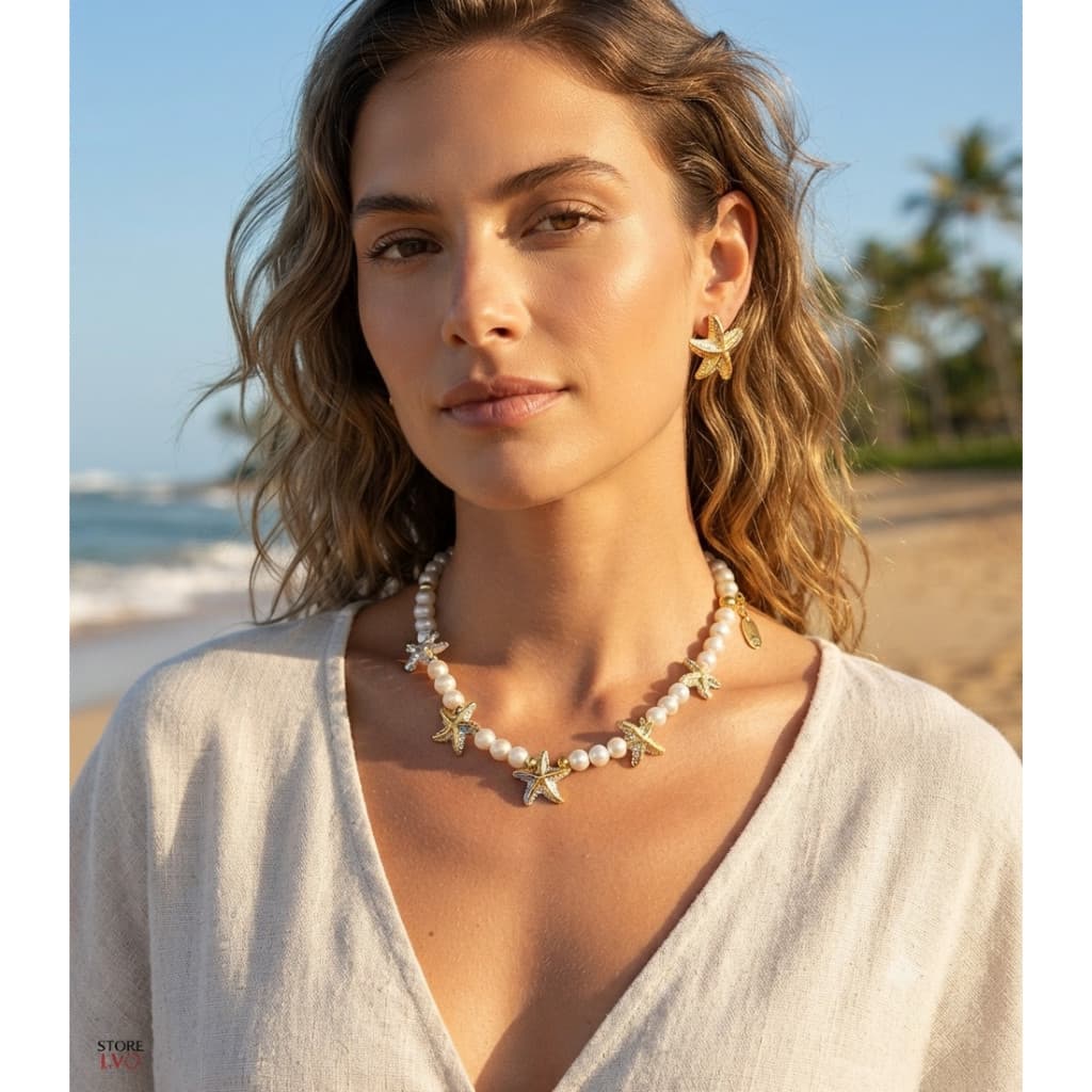 Kit Colar e Brincos Pérolas branca Pingente Buzios Estrela do Mar Dourado Moda Praiano acessórios verão