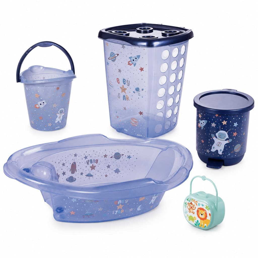 Kit Banheiro Do Bebê Completo Astronauta Infantil Banheira Cesto De Roupas Balde Lixeira - Plasútil