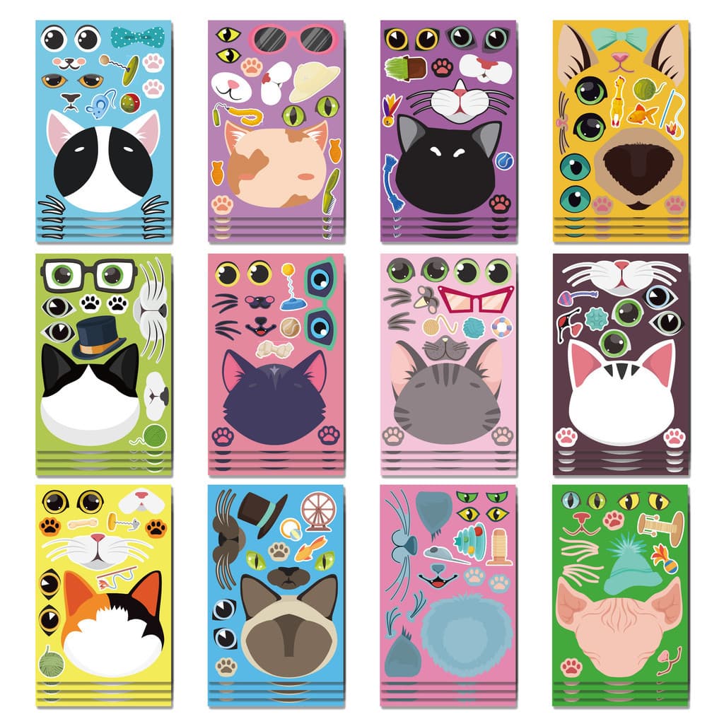 16 pçs gato rosto mudança adesivo dos desenhos animados fazer um rosto adesivo à prova dwaterproof água crianças diy pap