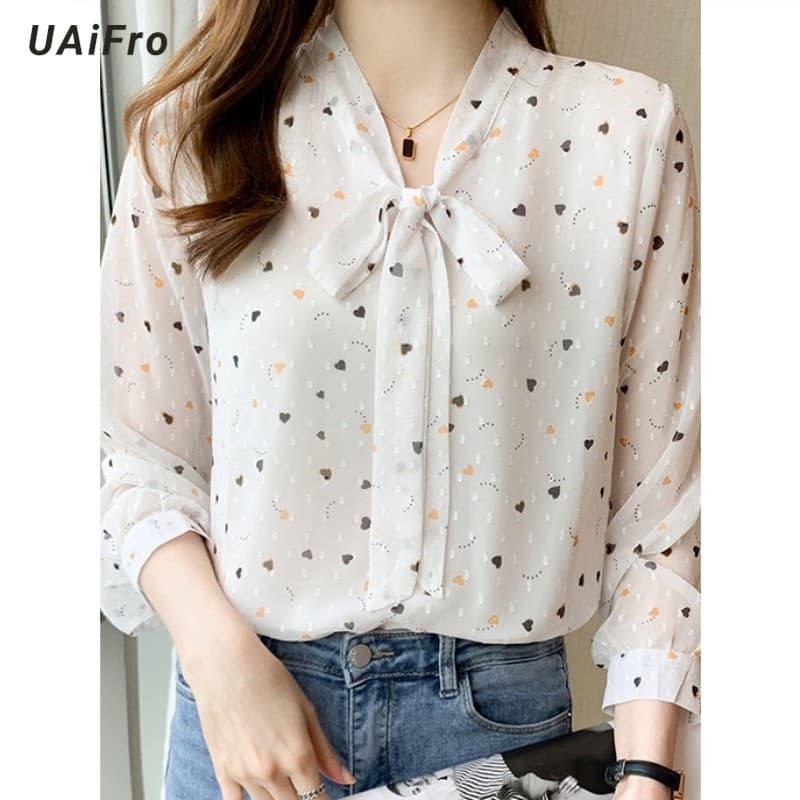 Camisa Floral de Chiffon feminina primavera outono francês Retro moda fita camisa Bowknot manga longa chique topo