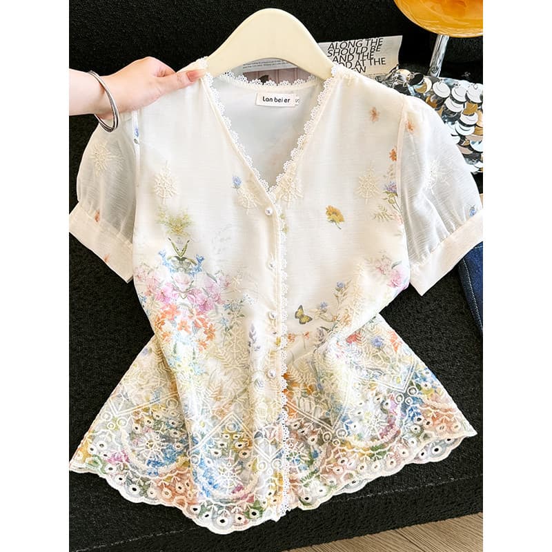 Camisa de Chiffon francesa feminina verão estilo ocidental camisa redutora de idade manga bufante Floral Top camisa de b