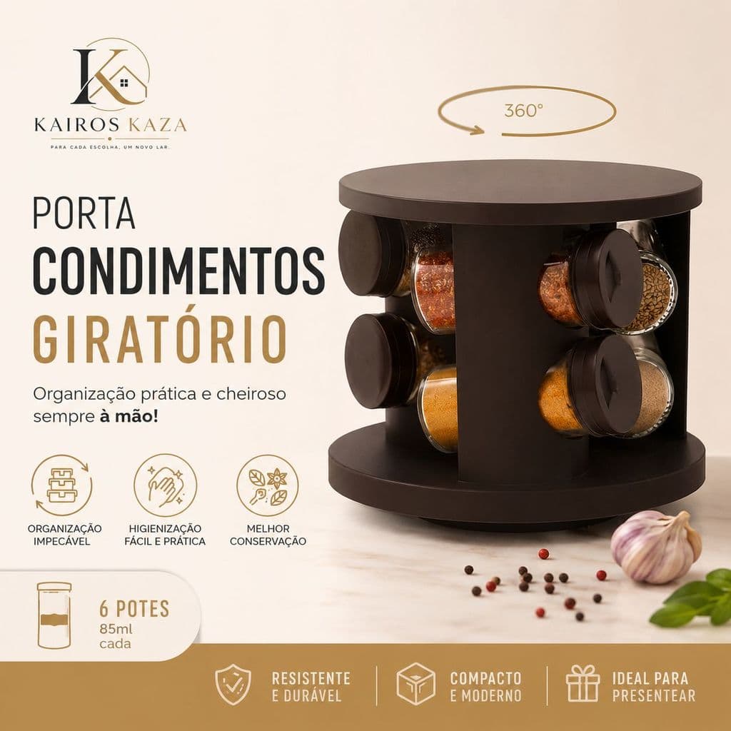 Porta Tempero Com 6 Potes de Vidro Giratório 360° – Organizador de Temperos Cozinha Preto