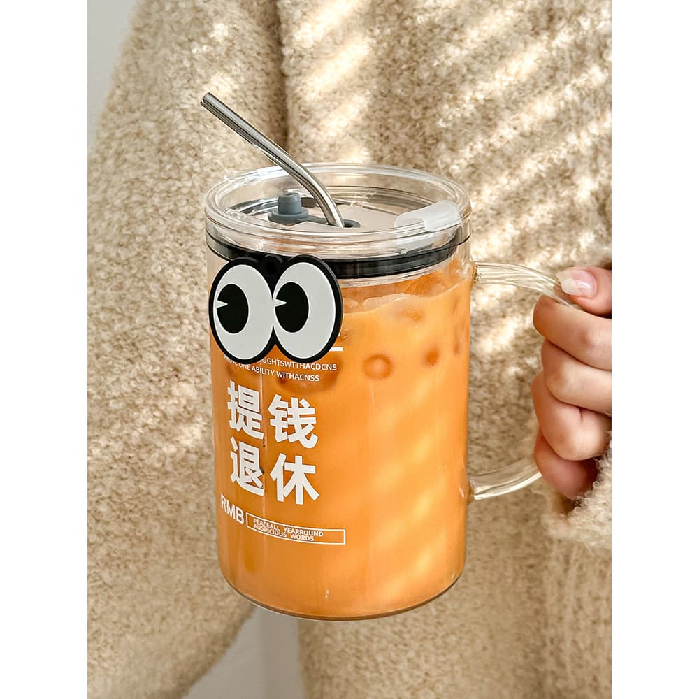 Copo de vidro de grande capacidade, 1.000ml, com alça, copo de palha, escritório feminino, resistente a altas temperatur