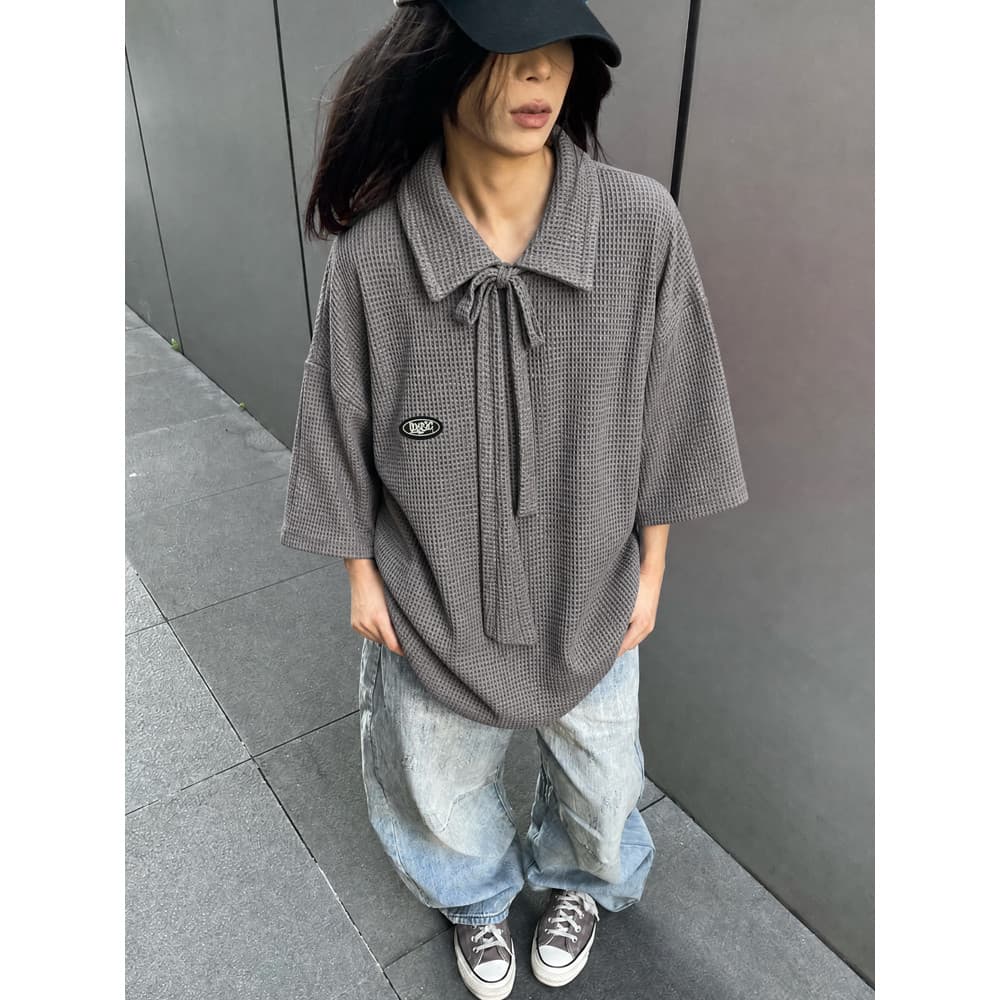 UUCSCC Hip Hop High Street Lapela Waffle Meia Manga Street Wear Solto oversize Estilo Preppy Camiseta de Manga Curta