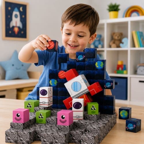 Bloco Didatico Magnetico Educacional Tema Espaco 125 Pecas Montar Interativo