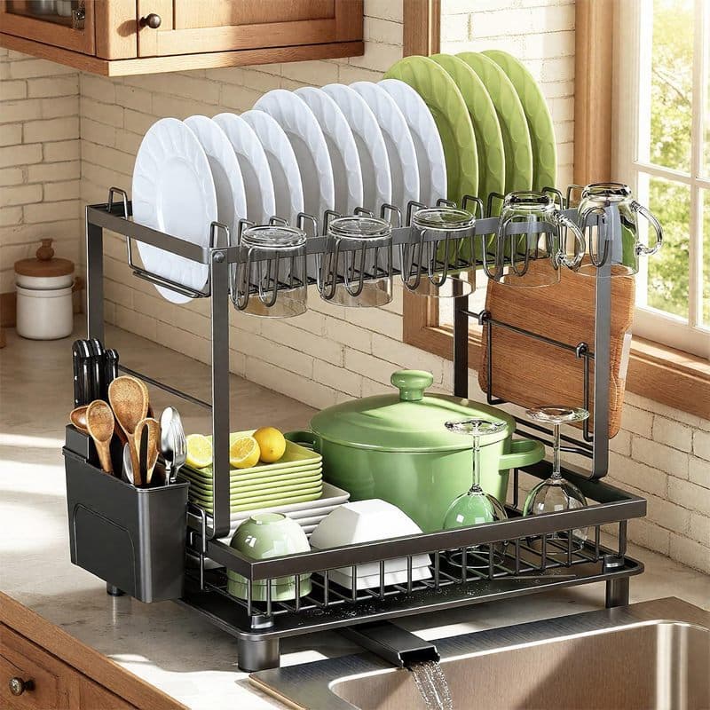 Rack De Secagem De Pratos De 2 Camadas Para Balcão De Cozinha , Economiza Espaço , Preto