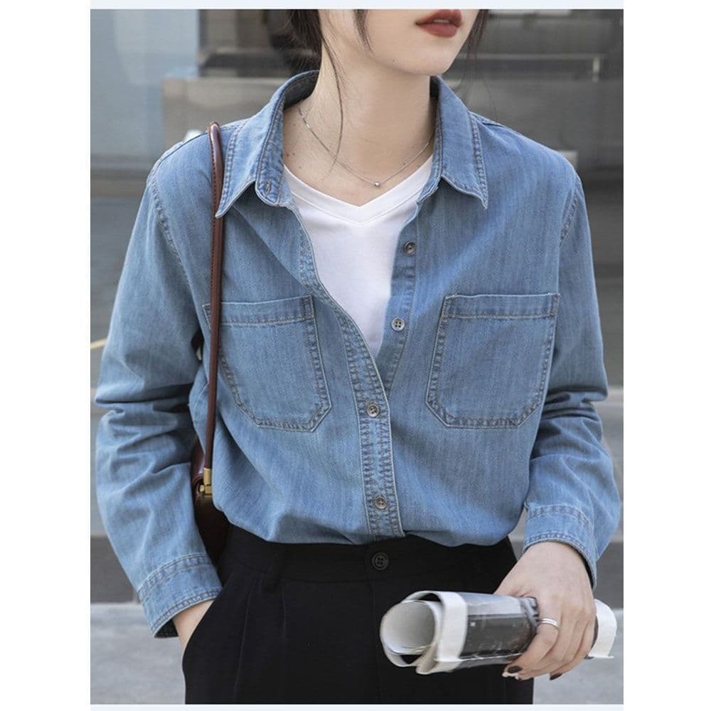 100% algodão Denim camisa feminina de comprimento médio Retro solto 2025 primavera outono novo estilo roupa interior ext