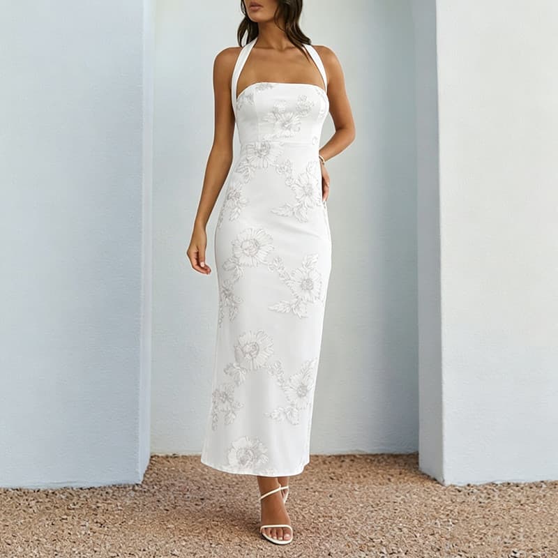 [Novo produto] Vestido Jacquard com gola halter e tubo de suporte total, saia longa fina com gola halter [Venda quente]
