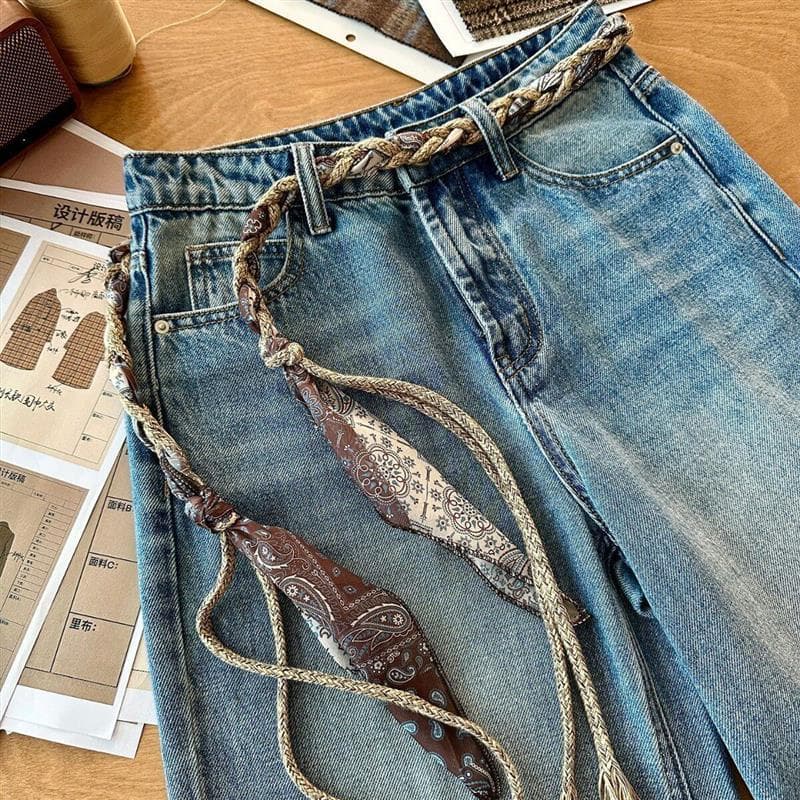 Cinto tecido à mão feminino combinando saia All-Match Retro Jeans acessórios de cintura frisado borla cintura corda fabr