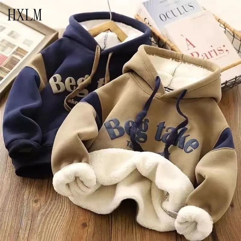 Jaqueta de Moletom Espessa para o Inverno, Roupas Quentes para Crianças Grandes, Moletom com Capuz para Meninos AMFJ