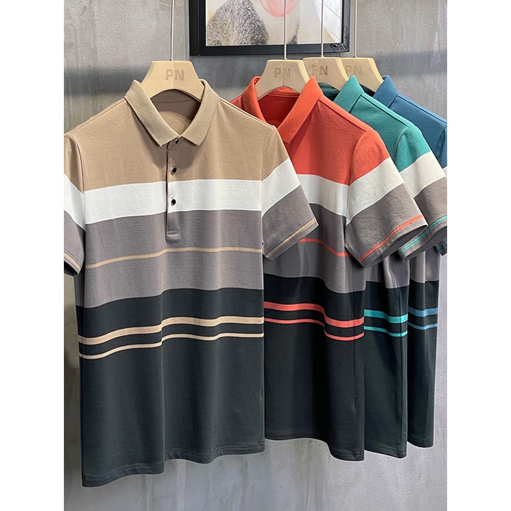 Camisa masculina de manga curta de verão com gola roupas casuais camisa listrada pai de meia-idade camisa polo de lapela