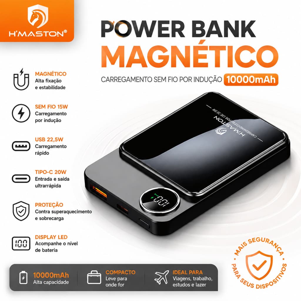 H'maston YD-43 Power Bank Carregador Magnetico sem fio por indução Carregamento Rápido de 10000mAH
