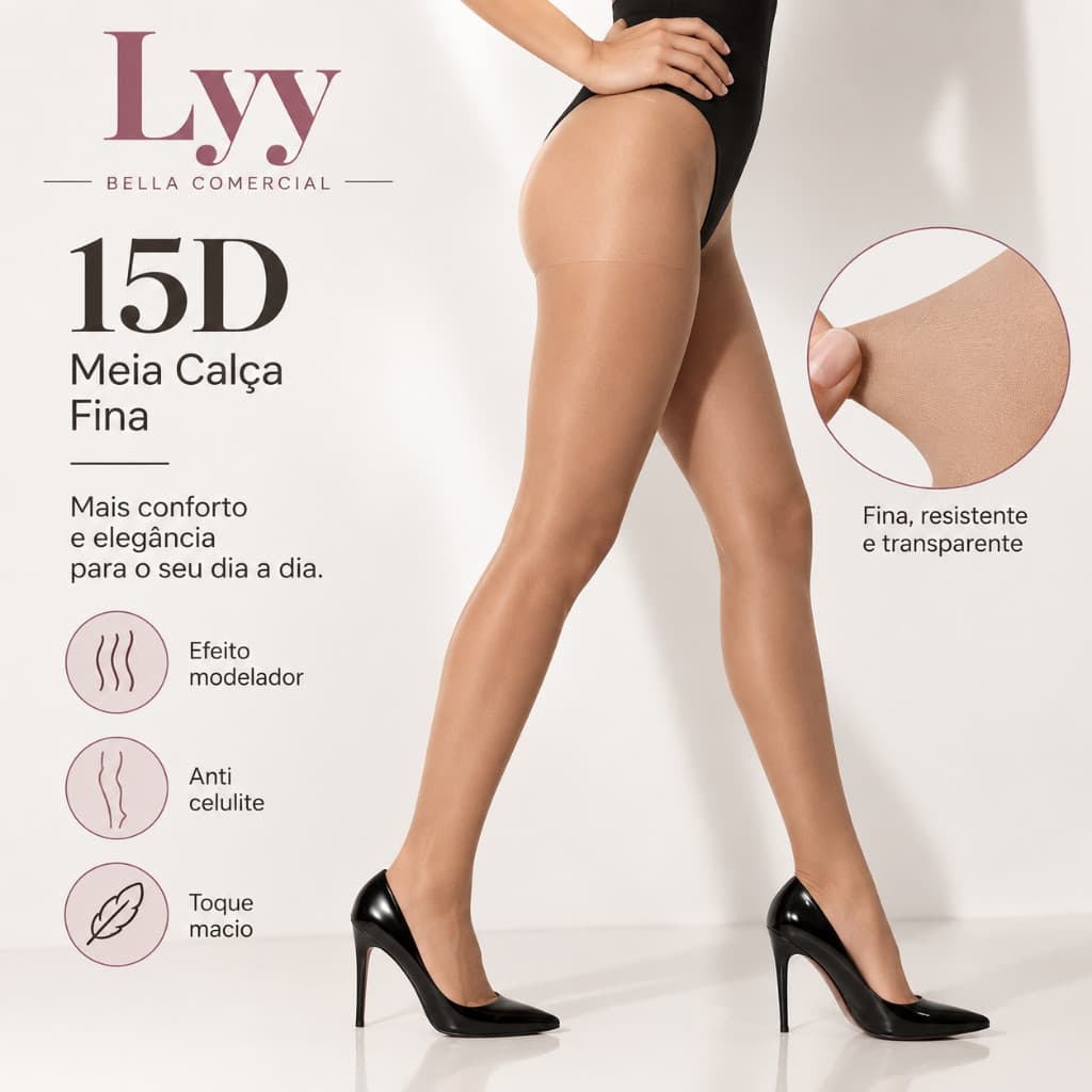 Meia Calça Feminina 15D Fio Fino Efeito Elegante Confortável
