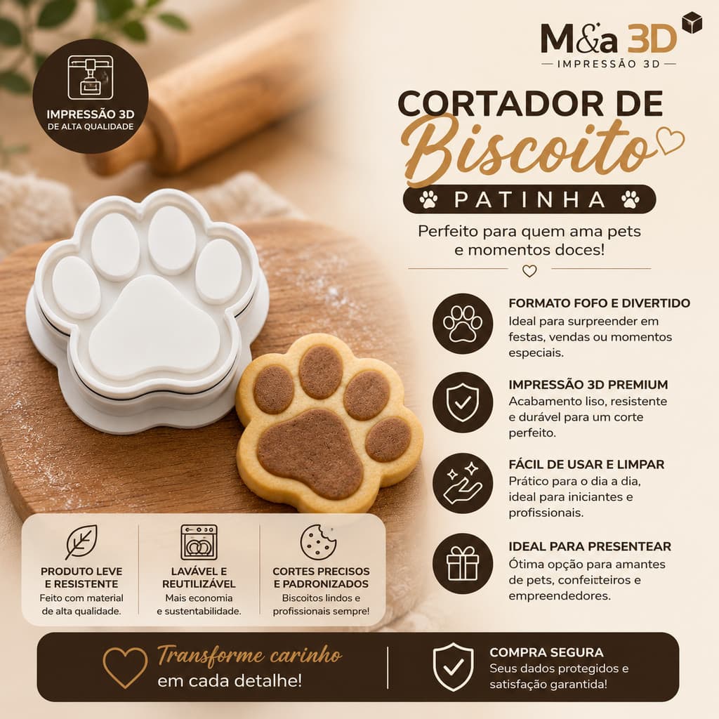Cortador de Biscoito Formato Patinha de Cachorro Pet Confeitaria Culinária Divertida e criativa Temática Pet