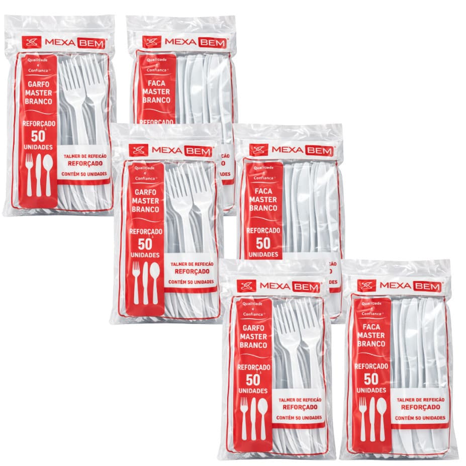 Kit Garfo e Faca Descartável 300 Unidades – 6 Pacotes de 50 Talheres Plásticos para Festa, Churrasco