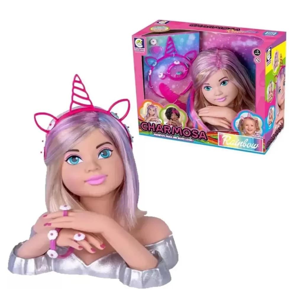 Boneca Charmosa Rainbow Loira Com Pente E Tiara Unicórnio