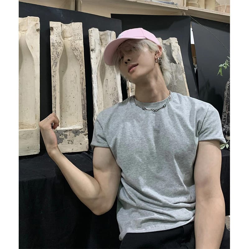 Cinza Casual meninos de manga curta verão americano pequeno decote pesado camiseta Formal ombro mostrar músculo F