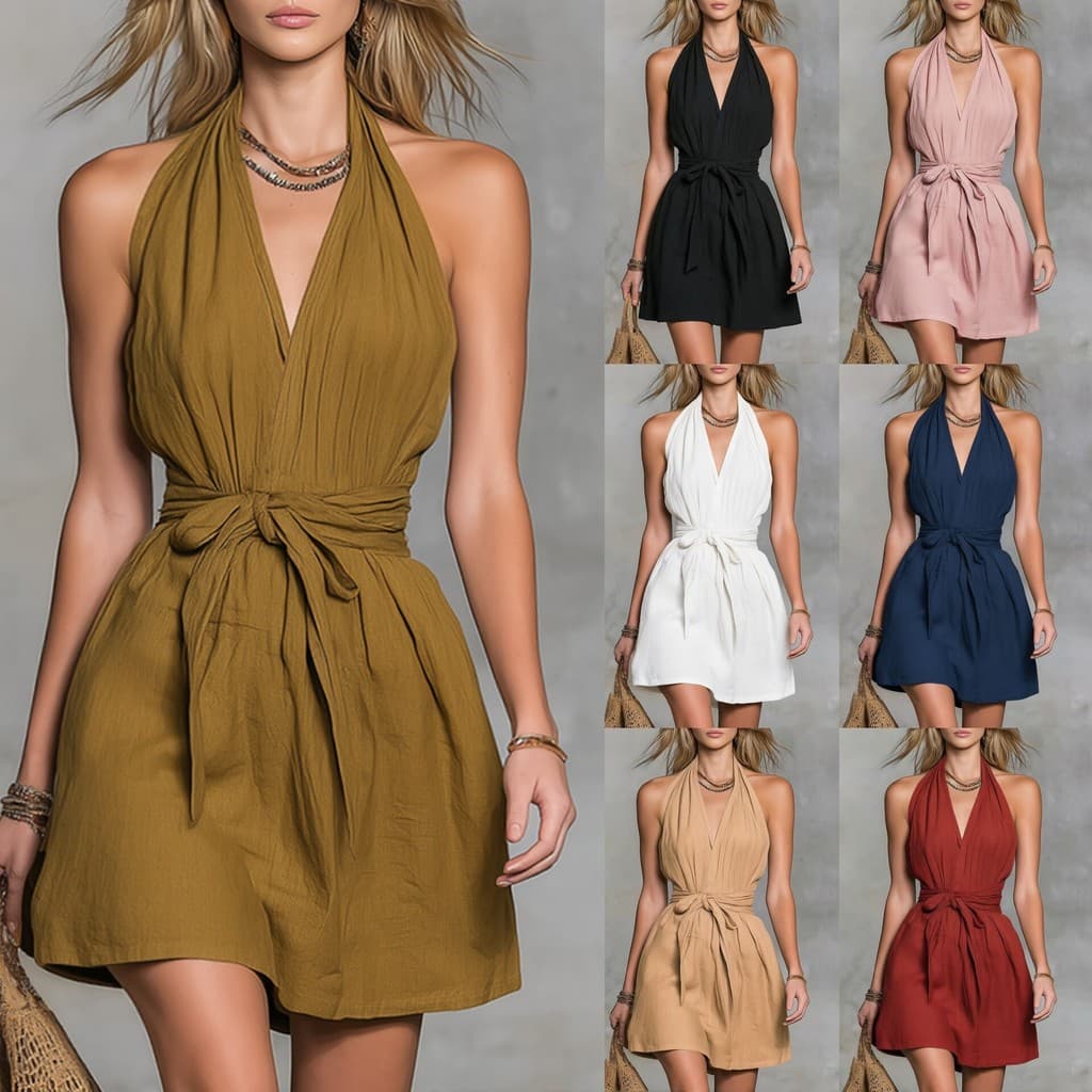 2026 Vestido feminino Casual de férias com decote em V e cintura estreita com cadarço