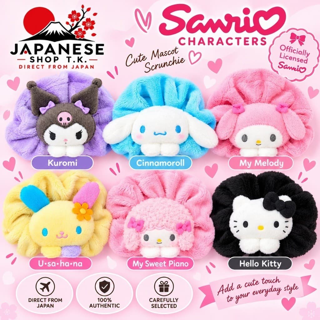 Sanrio Mascot Scrunchie – Kuromi Cinnamoroll My Melody Hello Kitty My Sweet Piano U·sa·ha·na | Cute Hair Accessory...