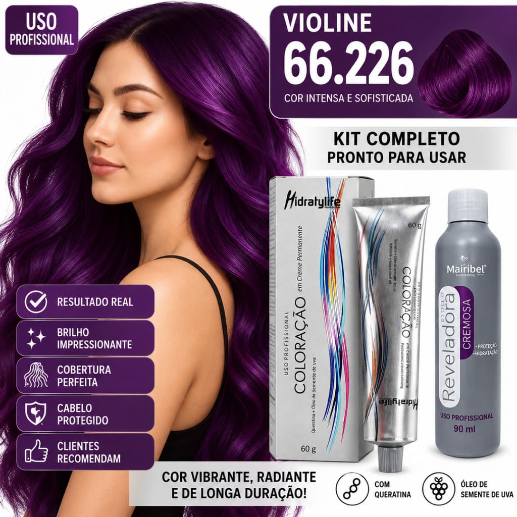 Tinta Roxa para Cabelo Violine 66.226 com Oxigenada Cor Intensa Brilho e Hidratação