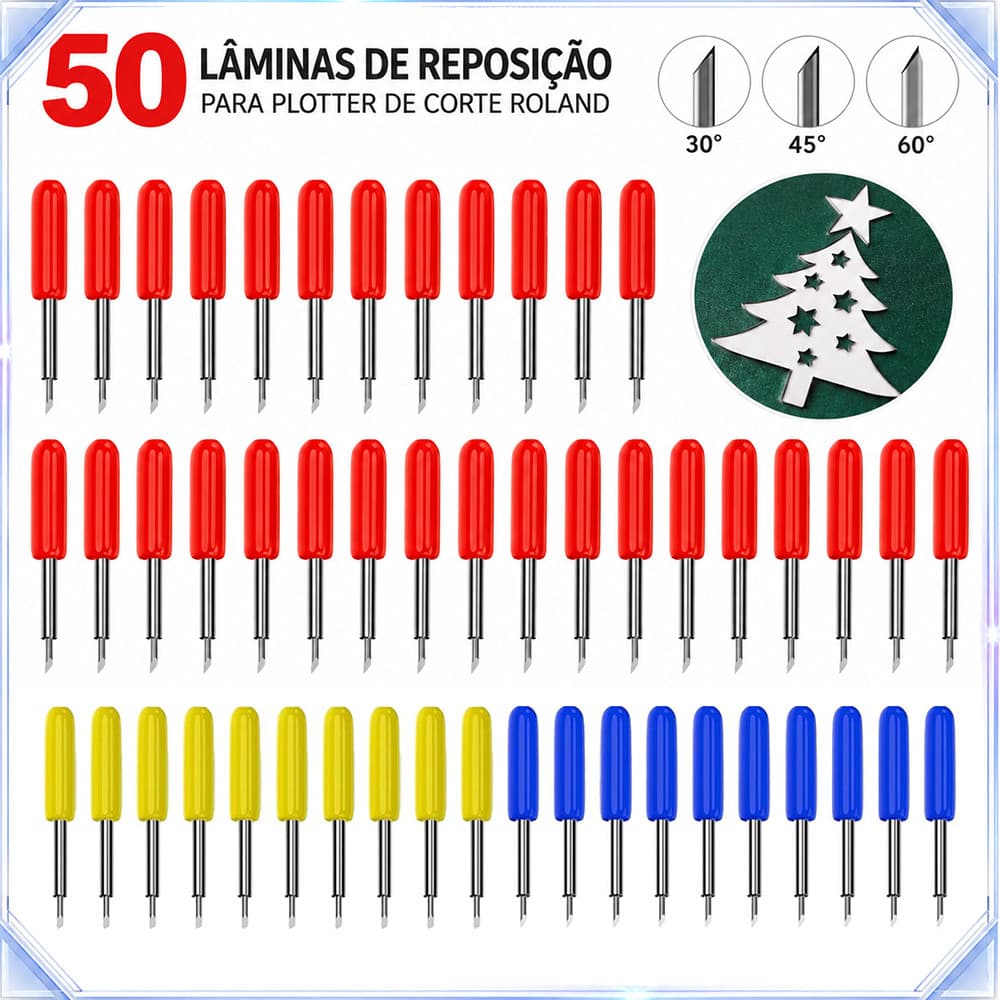 50 lâminas de reposição para plotter de corte Roland, incluindo lâminas de 30°, 45° e 60°, Indicado para corte de couro