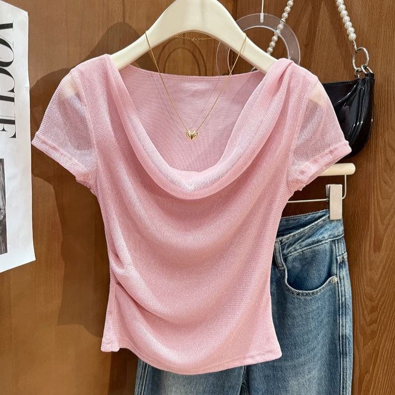 Rosa gola oscilante topo de manga curta High-End luz estilo maduro plissado cintura estreita mais magro olhar gelo seda