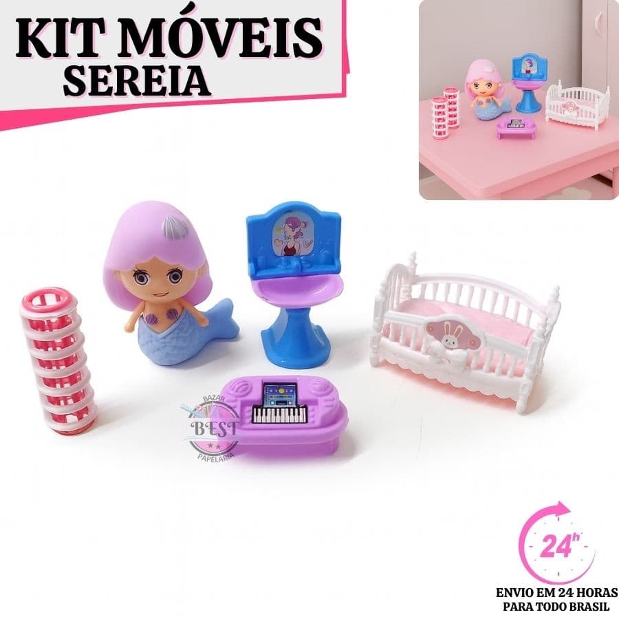 Brinquedo Infantil Menina Sereia  Kit Móveis Casinha Sala Quarto Cozinha Banheiro Boneca 7 Peças