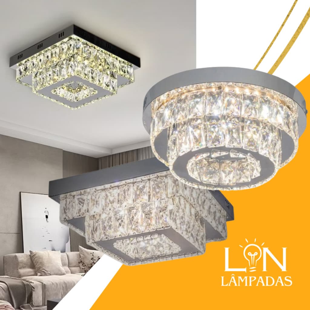 Lustre Plafon de Cristal Luminária Led 3 Cores Redondo Quadrado 2 Camadas Bivolt 30x30